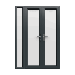 1490mm x 2090mm - Grey-on-White uPVC French Doors with Narrow Side Panel